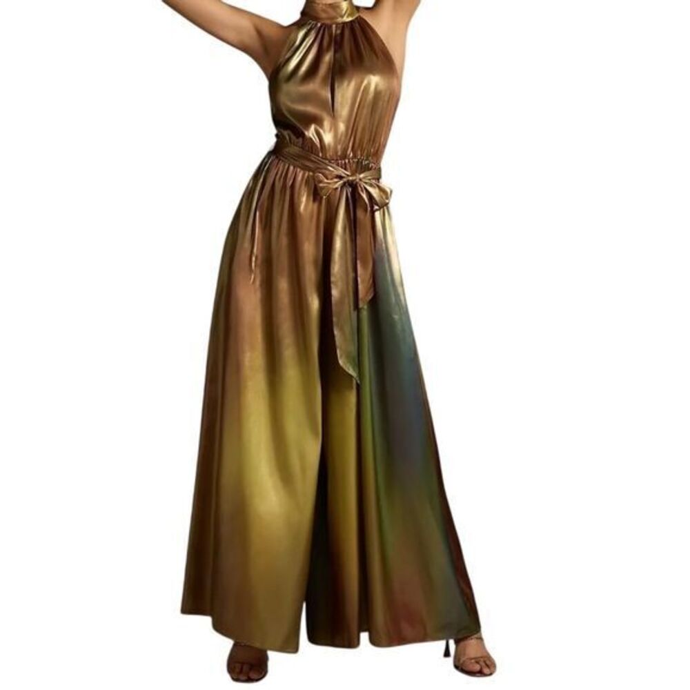 NWT Hutch Women's‎ Halter Wide-Leg Jumpsuit Metallic Gold Ombré Size 0 Cocktail